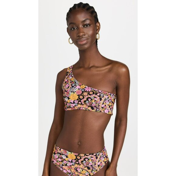 NEW La DoubleJ One Shoulder Goddess Bikini Swim Top Tripping Nero XL Pink Floral - Picture 1 of 8